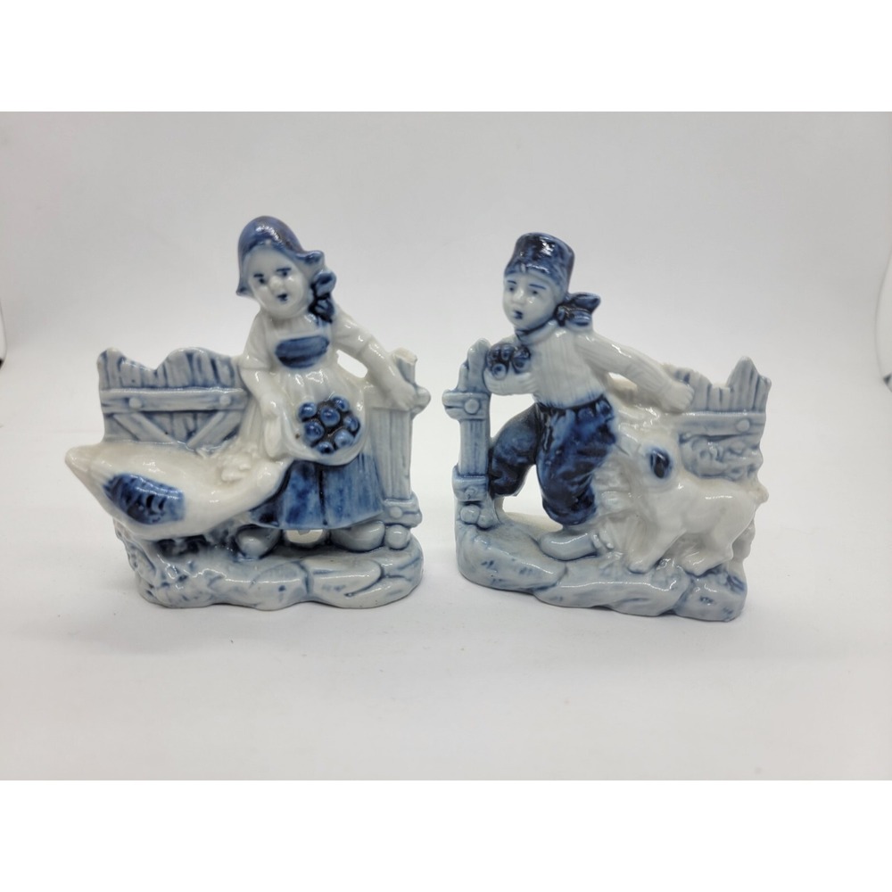 Set Of Two Delft Blue Porcelain Toothpick Holders Boy and Girl Germany 6894